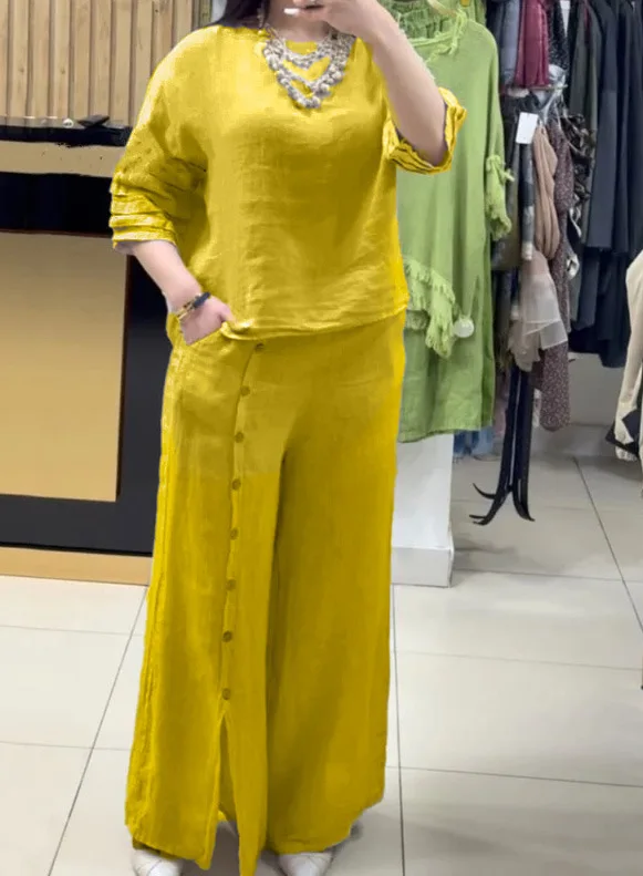 Women's Fashion Loose Cotton Linen Two-piece Set 2025 Summer Casual Dispersive 3/4 Sleeve Shirt Button Split Wide Leg Pants Suit
Women's Fashion Loose Cotton Linen Two-piece Set 2025 Summer Casual Dispersive 3/4 Sleeve Shirt Button Split Wide Leg Pants Suit
