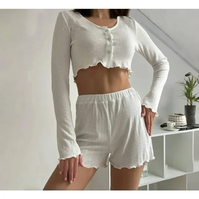 Casual 2 Piece Set Woman 2025 Spring New Ladies Sexy Pajamas Homewear Suit Knitted Design Sense Long-Sleeved Tops Shorts Suit
Casual 2 Piece Set Woman 2025 Spring New Ladies Sexy Pajamas Homewear Suit Knitted Design Sense Long-Sleeved Tops Shorts Suit