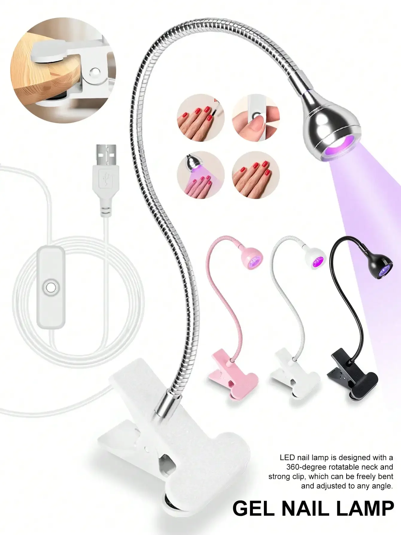 UV Nail Lamp, Goose Neck UV Light Suitable For Gel Manicure, Curing Lamp With Clip, Portable LED Gel Nail Lamp For Home DIY And Professional Salon Use, Available In Black, White, Pink
UV Nail Lamp, Goose Neck UV Light Suitable For Gel Manicure, Curing Lamp With Clip, Portable LED Gel Nail Lamp For Home DIY And Professional Salon Use, Available In Black, White, Pink
