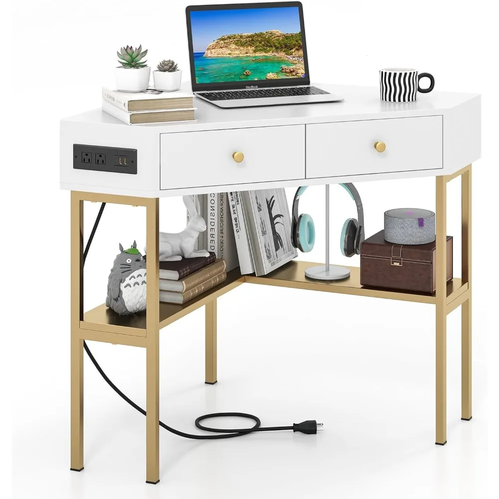 Corner Desk with 2 Drawers & Built-in Charging Station, 90 Degrees Triangle Computer Desk for Small Space, Bedroom Makeup Vanit
Corner Desk with 2 Drawers & Built-in Charging Station, 90 Degrees Triangle Computer Desk for Small Space, Bedroom Makeup Vanit