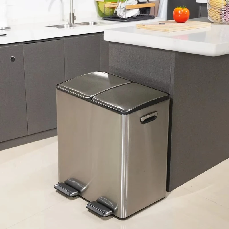40L rectangular hands-free double compartment recycling kitchen step trash can with soft closing lid brushed stainless steel
40L rectangular hands-free double compartment recycling kitchen step trash can with soft closing lid brushed stainless steel