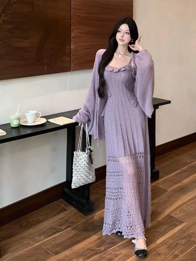 Французский винтажный фиолетовый вязаный кардиган с длинными рукавами, вязаные топы + ажурное вязаное крючком платье-комбинация, осенне-зимний женский комплект из двух предметов
Французский винтажный фиолетовый вязаный кардиган с длинными рукавами, вязаные топы + ажурное вязаное крючком платье-комбинация, осенне-зимний женский комплект из двух предметов