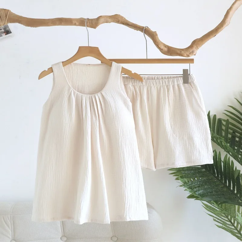 2026 Summer New Women's Pajama Set 100% Cotton Crepe Cloth with Chest Cushion Solid Color Tank Top+Shorts Loose Home Clothes
2026 Summer New Women's Pajama Set 100% Cotton Crepe Cloth with Chest Cushion Solid Color Tank Top+Shorts Loose Home Clothes