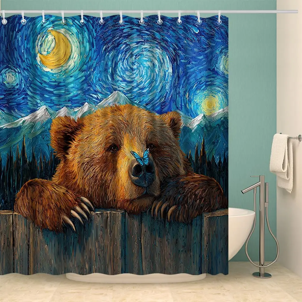 Starry Night Bear Shower Curtain, Van Gogh Inspired Art with Grizzly Bear and Butterfly, Waterproof Fabric Bathroom Curtain
Starry Night Bear Shower Curtain, Van Gogh Inspired Art with Grizzly Bear and Butterfly, Waterproof Fabric Bathroom Curtain