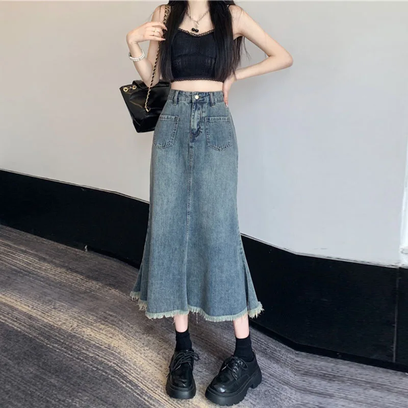 High Waist Frayed Denim Half Skirt Women Vintage Blue Slim Hip-wrap Mermaid Skirt Female Korean Casual Jean Half Slip
High Waist Frayed Denim Half Skirt Women Vintage Blue Slim Hip-wrap Mermaid Skirt Female Korean Casual Jean Half Slip