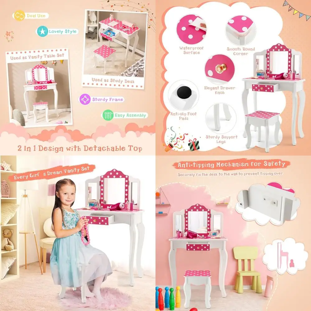 Children's Princess Vanity Set with Glass Mirror, Wooden Dressing Table and Chair, Pink Polka Dot Design
Children's Princess Vanity Set with Glass Mirror, Wooden Dressing Table and Chair, Pink Polka Dot Design
