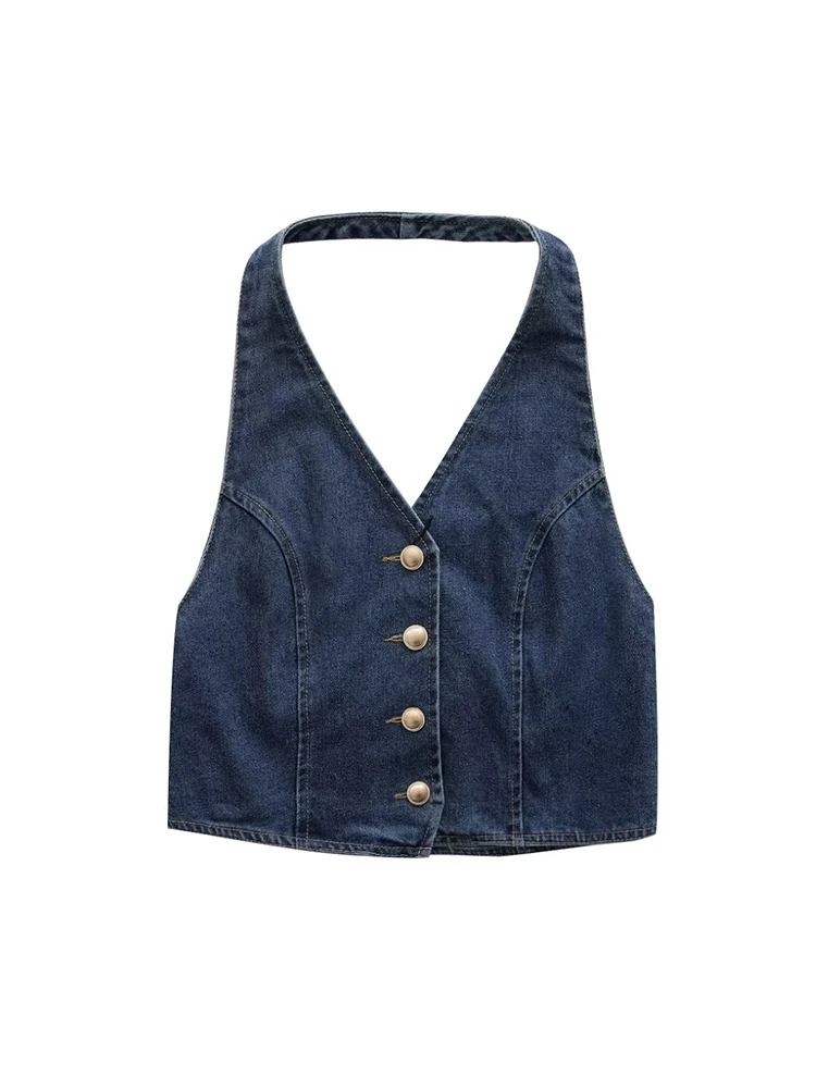 Willshela Women Fashion Denim Single Breasted Backless Waistcoats Vintage Halter Neck Sleeveless Jackets Female Chic Tank Tops
Willshela Women Fashion Denim Single Breasted Backless Waistcoats Vintage Halter Neck Sleeveless Jackets Female Chic Tank Tops