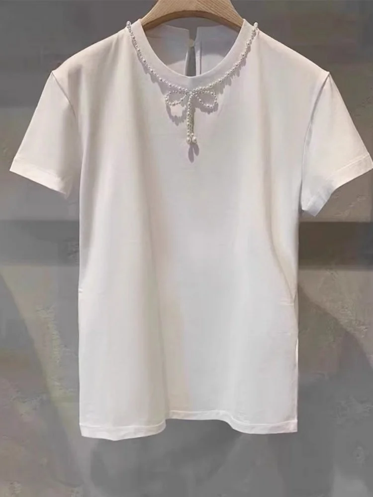 Streetwear Women Summer Short Sleeve Diamonds Bowknot O Neck T-Shirt Comfortable Casual Tee Tops Fashion Pearls Pullover
Streetwear Women Summer Short Sleeve Diamonds Bowknot O Neck T-Shirt Comfortable Casual Tee Tops Fashion Pearls Pullover