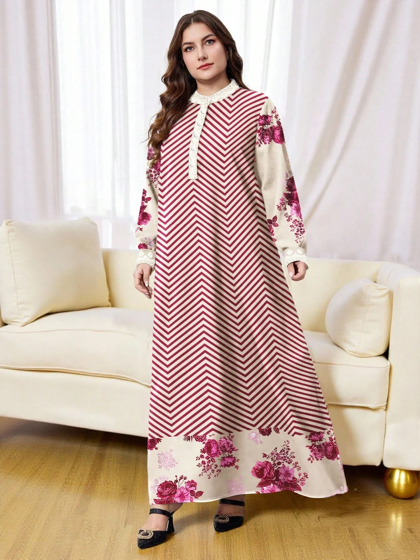 Fuchsia Floral Patchwork Wavy Striped Long Sleeve Button Collar Dress For Women
Fuchsia Floral Patchwork Wavy Striped Long Sleeve Button Collar Dress For Women