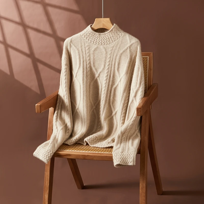 Luxury Women's 100% Cashmere Pullover Mock Neck Thick Warm Jumpers Autumn Winter Cable Stitched Sweater Female Knitwear Tops
Luxury Women's 100% Cashmere Pullover Mock Neck Thick Warm Jumpers Autumn Winter Cable Stitched Sweater Female Knitwear Tops