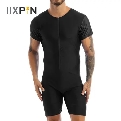 Men‘s Pajamas Undershirts One-piece Leotard Jumpsuit Male Short Sleeve Front Zipper Elastic Soft Boxer Briefs Bodysuit Swimwear