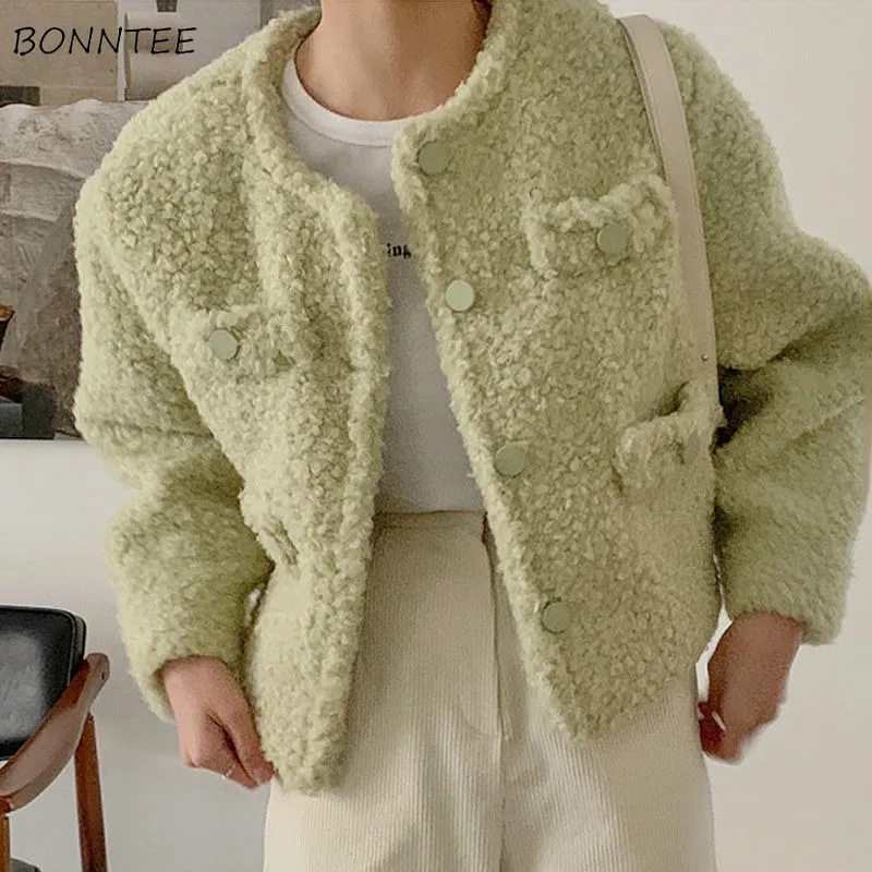 Chic Green Jackets Women Fleece Thick Short O-neck Loose Warm Autumn Winter Streetwear Elegant Korean Female Pockets Solid Mujer
Chic Green Jackets Women Fleece Thick Short O-neck Loose Warm Autumn Winter Streetwear Elegant Korean Female Pockets Solid Mujer