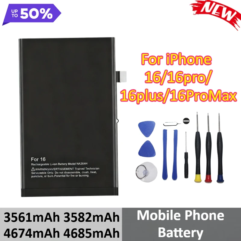 New 3561mAh 3582mAh 4674mAh 4685mAh Replacement Batteries For iPhone 16 16Pro 16Plus 16ProMax Mobile Phone Battery +Tools
New 3561mAh 3582mAh 4674mAh 4685mAh Replacement Batteries For iPhone 16 16Pro 16Plus 16ProMax Mobile Phone Battery +Tools