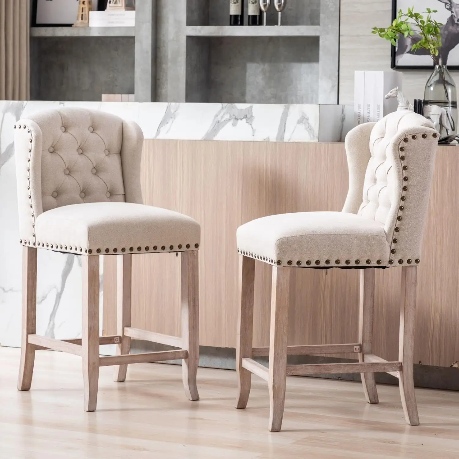 Modern 26" Linen Counter Height Stools Set of 2, Upholstered Button Tufted Counter Stools with Wood Legs Wingback, Customized
Modern 26" Linen Counter Height Stools Set of 2, Upholstered Button Tufted Counter Stools with Wood Legs Wingback, Customized