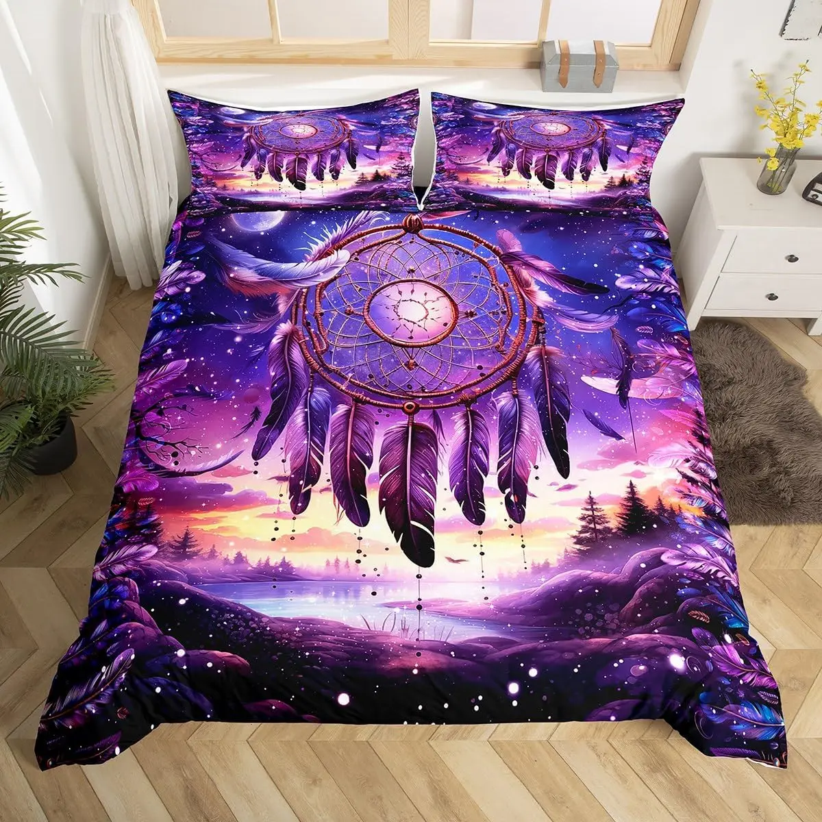 Комплект постельного белья «Богемный сон»: пододеяльник размера «King» с ловцем снов, красочный цветочный узор с перьями, наволочки из микрофибры «Звездное небо»
Комплект постельного белья «Богемный сон»: пододеяльник размера «King» с ловцем снов, красочный цветочный узор с перьями, наволочки из микрофибры «Звездное небо»