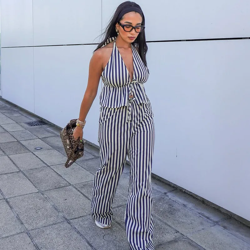 Fashion waist neck vest trousers two-piece set striped suit women's clothing
Fashion waist neck vest trousers two-piece set striped suit women's clothing