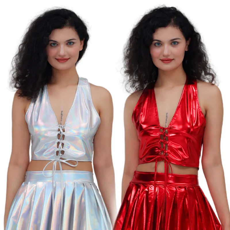 Metallic Color Halter Top Lace-up Party Rave Outfit Women Kpop Stage Outfit Hip Hop Clothing Sexy Casual Female Clothes 2025
Metallic Color Halter Top Lace-up Party Rave Outfit Women Kpop Stage Outfit Hip Hop Clothing Sexy Casual Female Clothes 2025