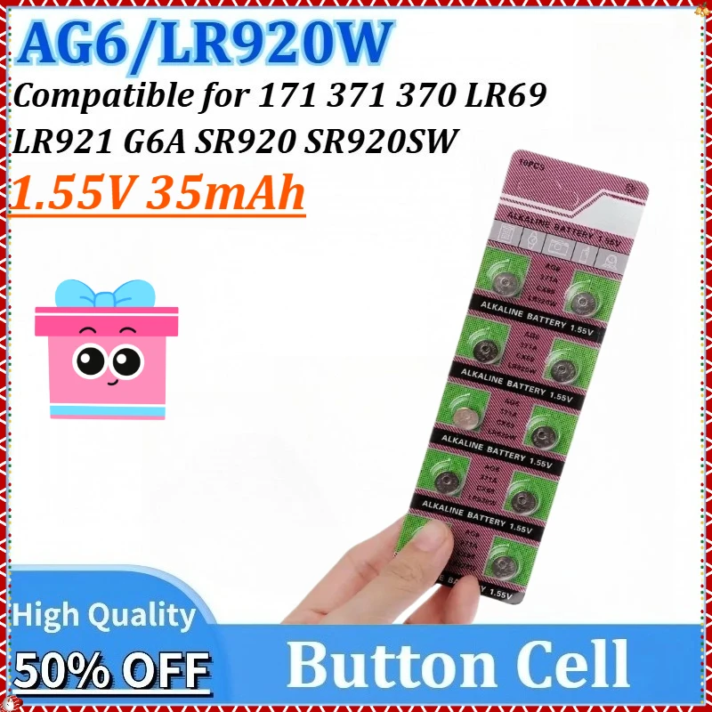 1.55V 35mAh LR920 AG6 171 371 370 G6A SR920 LR69 LR921 Button Battery for Watch Toys Remote SR920SW Alkaline Battery Cell Coin
1.55V 35mAh LR920 AG6 171 371 370 G6A SR920 LR69 LR921 Button Battery for Watch Toys Remote SR920SW Alkaline Battery Cell Coin