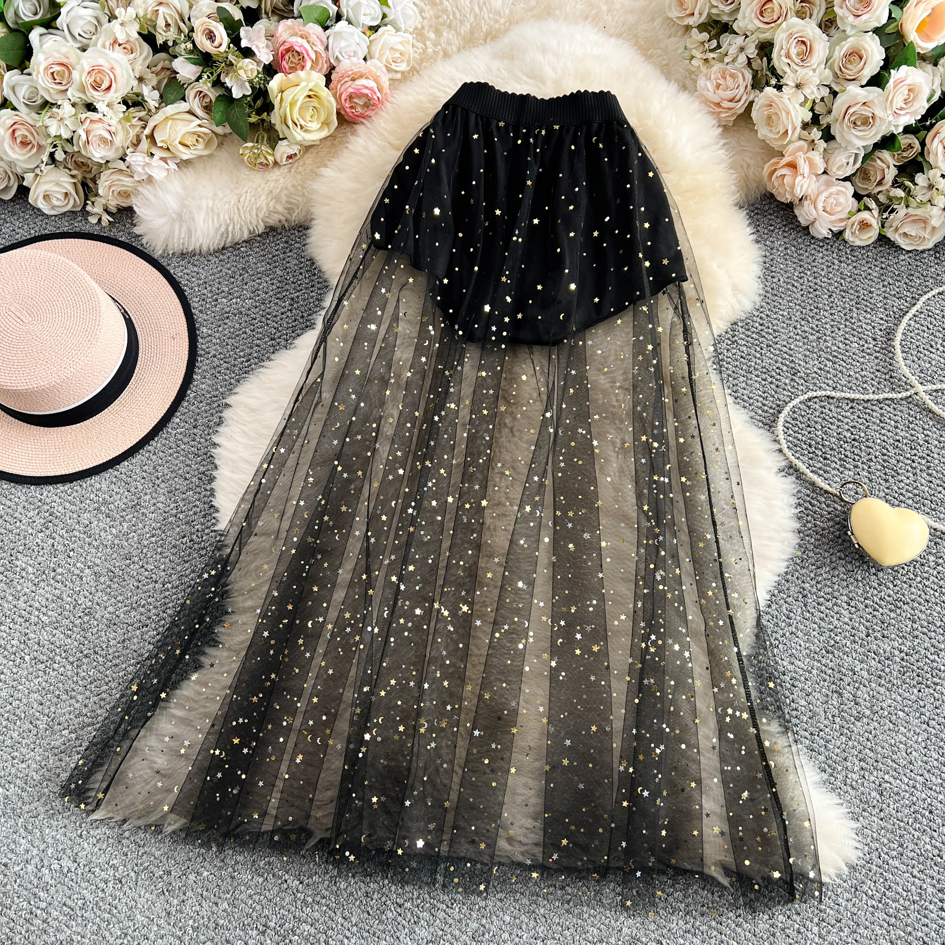 Clothland Women Stylish Shiny Mesh Skirt See Through Sequins A Line Elastic Waist Female Retro Midi Skirts Mujer BA373
Clothland Women Stylish Shiny Mesh Skirt See Through Sequins A Line Elastic Waist Female Retro Midi Skirts Mujer BA373