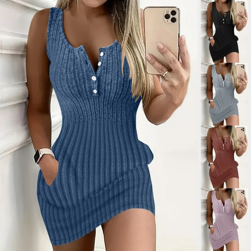Button Front With Pocket Tank Dress Elegant Sleeveless Bodycon Dress For Spring Summer Women's Clothing
Button Front With Pocket Tank Dress Elegant Sleeveless Bodycon Dress For Spring Summer Women's Clothing