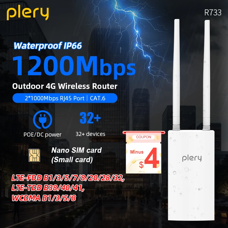 Plery WIFI 5 1200Mbps WIFI Router 2.4G/5.8G Router 5 G Sim Card IP66 Outdoor AP 24V POE CPE 1000M WAN/LAN Ports EU PLUG
Plery WIFI 5 1200Mbps WIFI Router 2.4G/5.8G Router 5 G Sim Card IP66 Outdoor AP 24V POE CPE 1000M WAN/LAN Ports EU PLUG