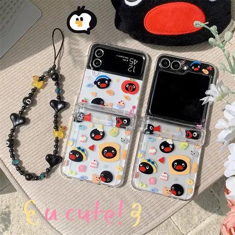 เคสโทรศัพท์ลายเพนกวินขนมการ์ตูนปี 2025 สำหรับ Samsung Galaxy Z Flip6 4 3 เคสแข็งสำหรับ ZFlip3 Zflip4 Zflip5 พร้อมขาตั้ง