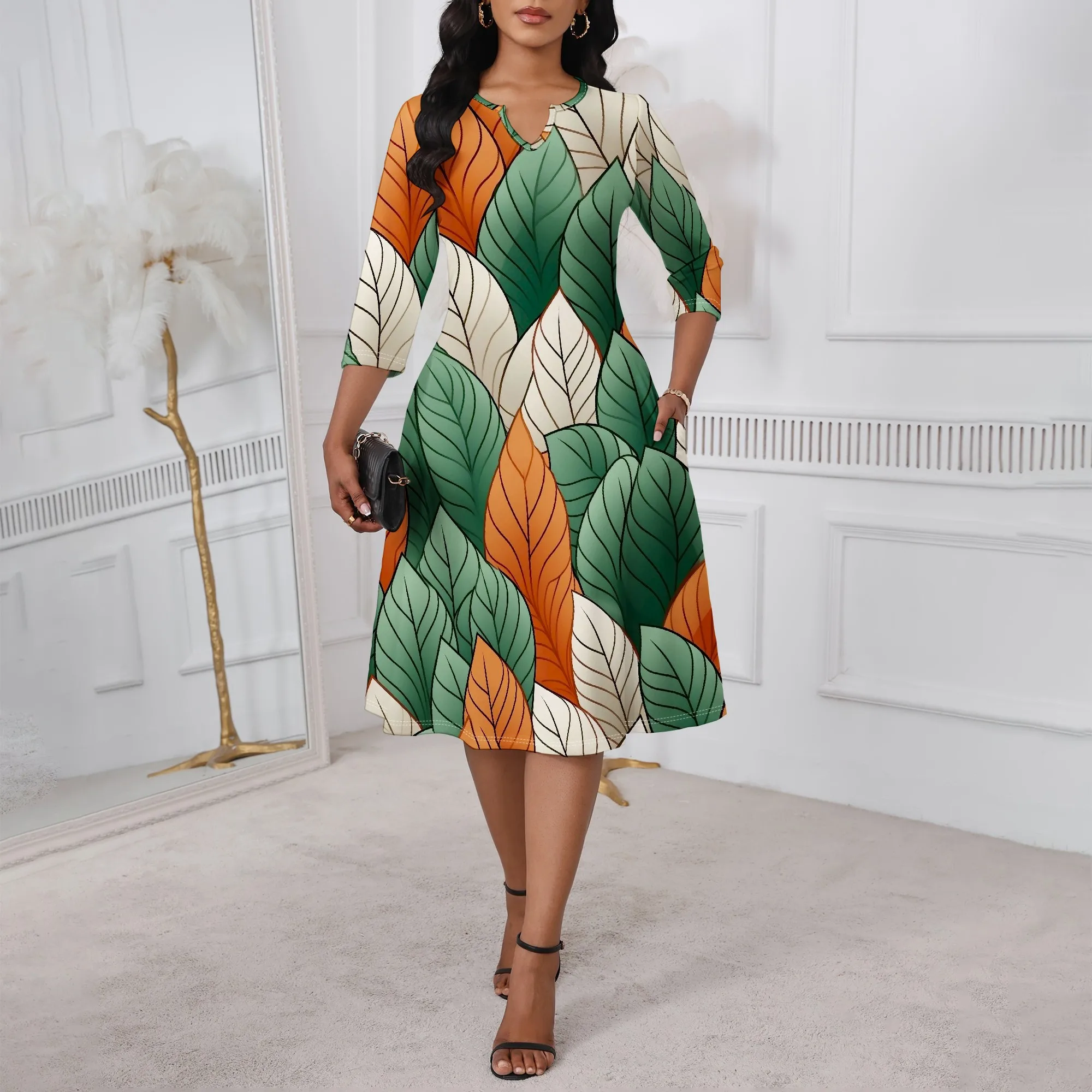 Elegant Leaf Print Midi Dress for Women Autumn A-Line 3/4 Sleeve Style for Church Office Wedding Guest Look XS-3XL
Elegant Leaf Print Midi Dress for Women Autumn A-Line 3/4 Sleeve Style for Church Office Wedding Guest Look XS-3XL
