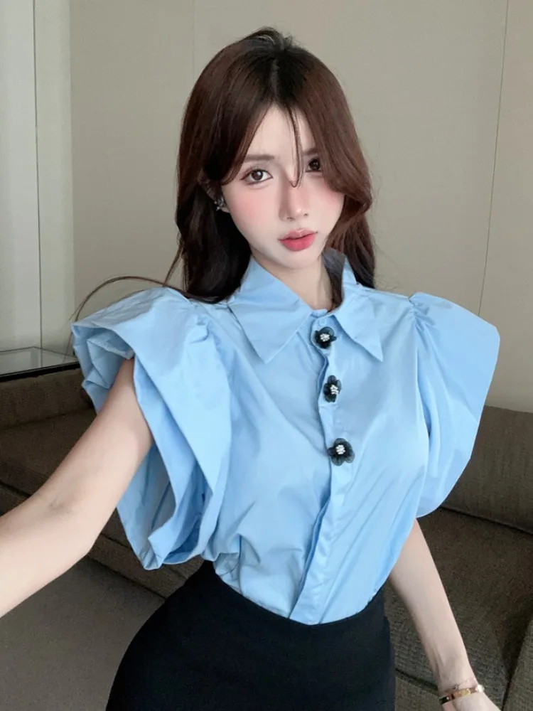 Summer Vintage Design Short Bubble Black Petal Collar Chic Top Women's Shirt Korean Style Commute Fashion Large Size Inner Wear
Summer Vintage Design Short Bubble Black Petal Collar Chic Top Women's Shirt Korean Style Commute Fashion Large Size Inner Wear