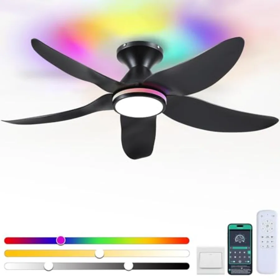 46" Ceiling Fans with Lights Remote/APP Control, Low Profile Ceiling Fans with Dimmable White Colors+Ring RGB Lights, 6 Speeds
46" Ceiling Fans with Lights Remote/APP Control, Low Profile Ceiling Fans with Dimmable White Colors+Ring RGB Lights, 6 Speeds