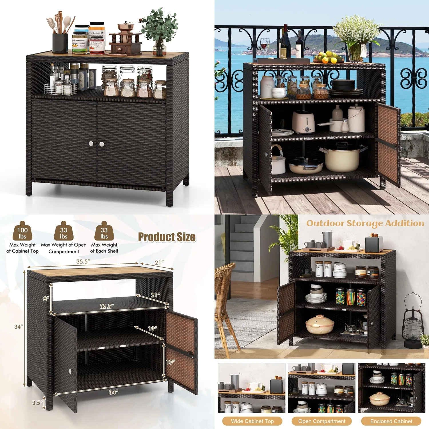 Rattan Storage Cabinet Buffet Table Acacia Wood Top Open Compartment Outdoor Indoor Garden Kitchen Poolside, Customized
Rattan Storage Cabinet Buffet Table Acacia Wood Top Open Compartment Outdoor Indoor Garden Kitchen Poolside, Customized