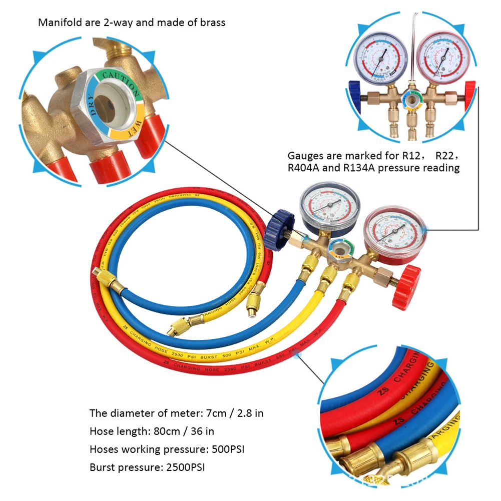 HVAC Refrigerant Test Instrument Manifold Gauge Set with 80cm Hoses for Accurate Pressure Monitoring and Refrigerant Testing
HVAC Refrigerant Test Instrument Manifold Gauge Set with 80cm Hoses for Accurate Pressure Monitoring and Refrigerant Testing