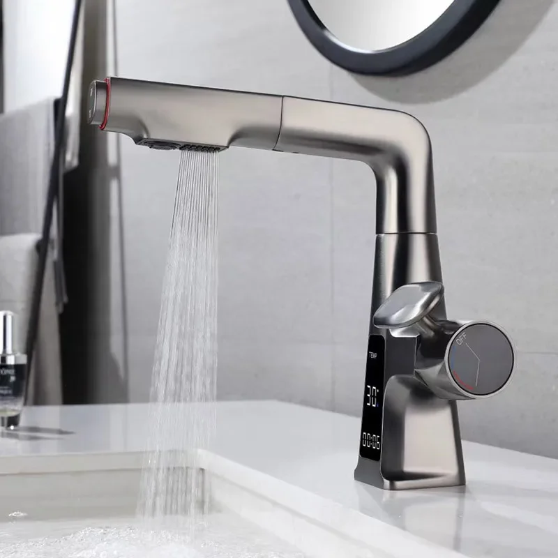 LED Digital Display Lift Pull Out Bathroom Basin Faucet Gray Brass Multifunctional Hair Wash Mouthwash Hot And Cold Mixed Tap
LED Digital Display Lift Pull Out Bathroom Basin Faucet Gray Brass Multifunctional Hair Wash Mouthwash Hot And Cold Mixed Tap