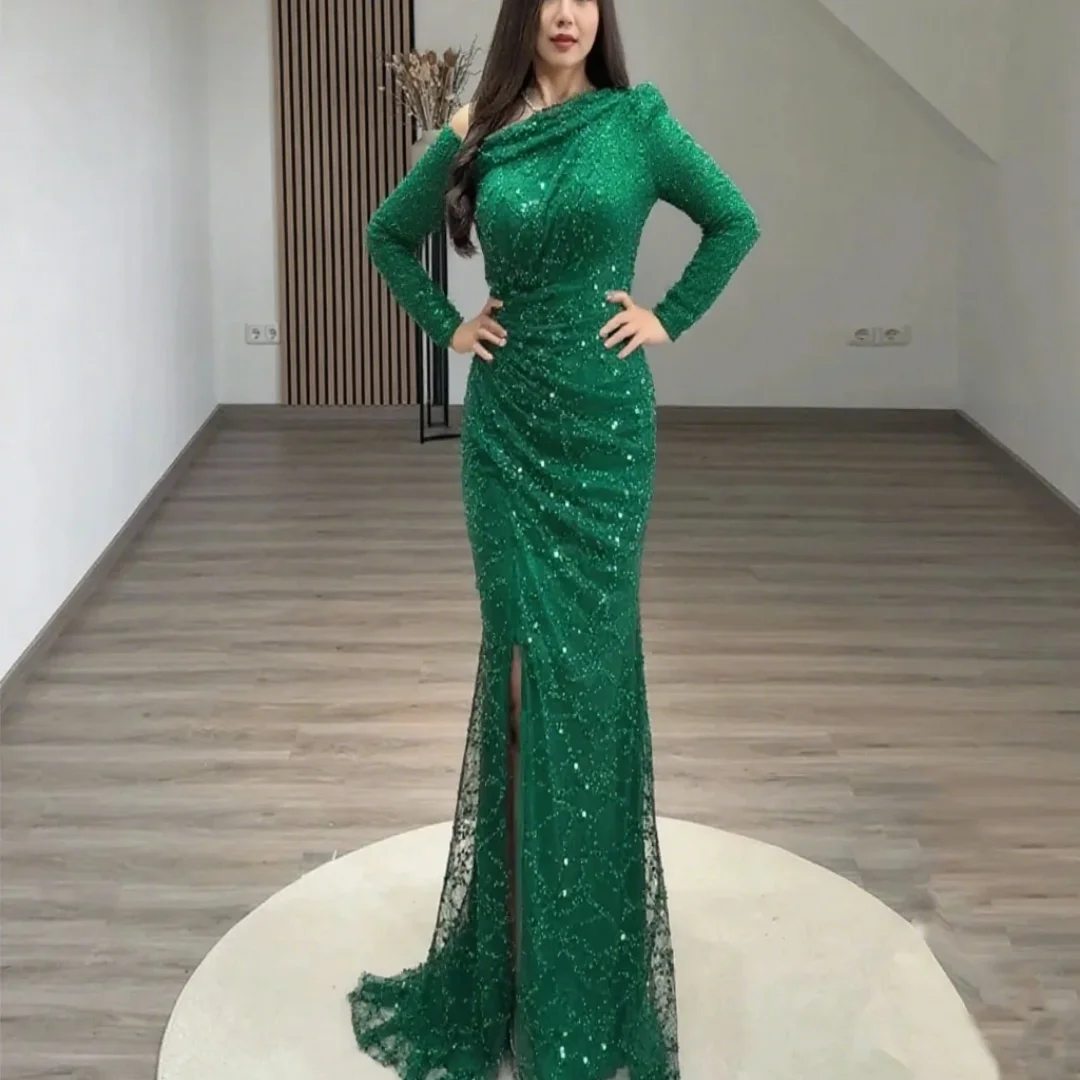 Customized sexy mermaid single-shoulder long-sleeve lace sequin forked women's formal occasion evening dress
Customized sexy mermaid single-shoulder long-sleeve lace sequin forked women's formal occasion evening dress