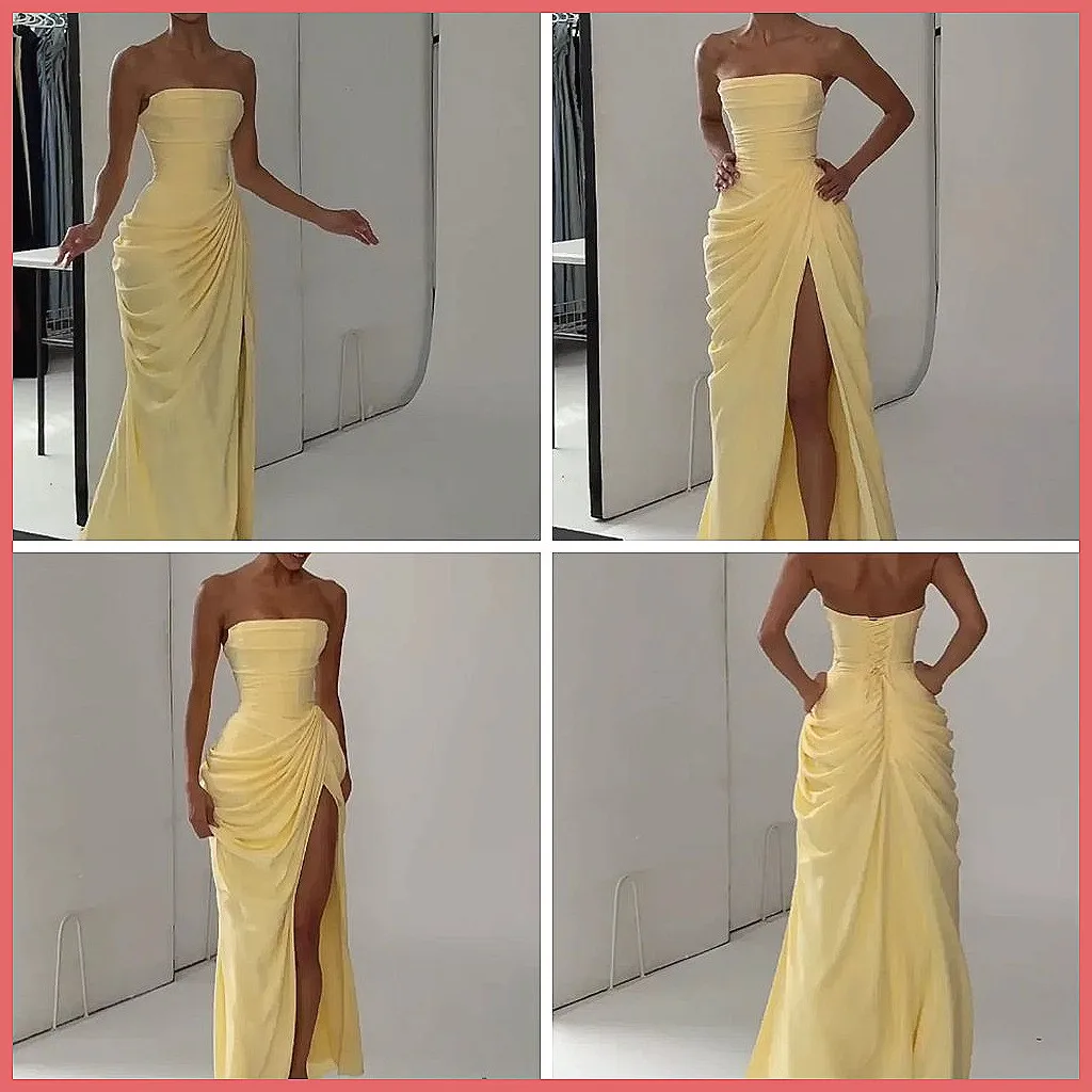 Elegant Yellow Strapless Pleated Maxi Dress for Women, Waist Cinching & Side Split Evening Gown
Elegant Yellow Strapless Pleated Maxi Dress for Women, Waist Cinching & Side Split Evening Gown