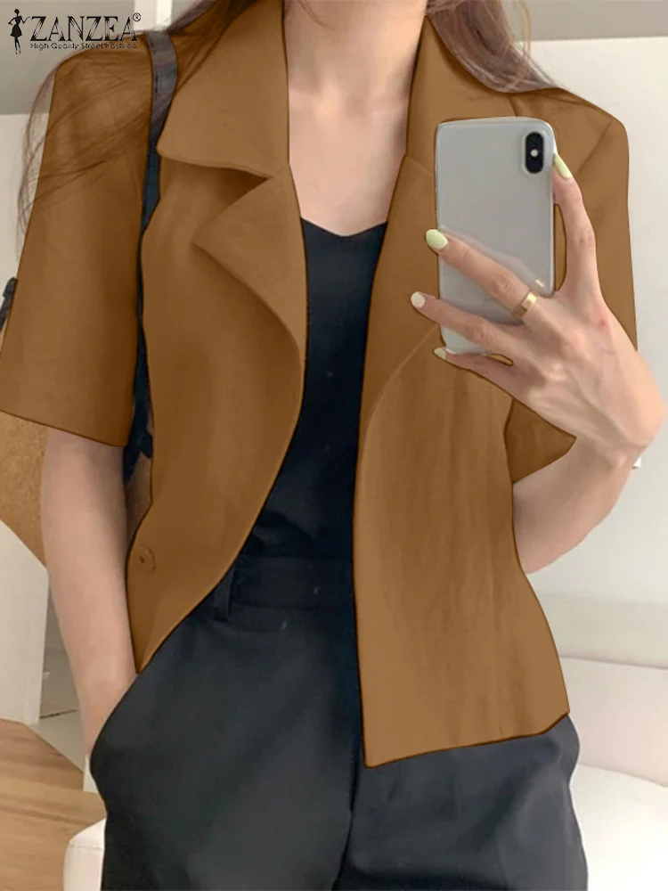 ZANZEA Korean Fashion Summer Elegant Lapel Neck Short Sleeve Blouse Women Thin Blazer Casual Solid Work Tops OL Suits Shirt 2023
ZANZEA Korean Fashion Summer Elegant Lapel Neck Short Sleeve Blouse Women Thin Blazer Casual Solid Work Tops OL Suits Shirt 2023