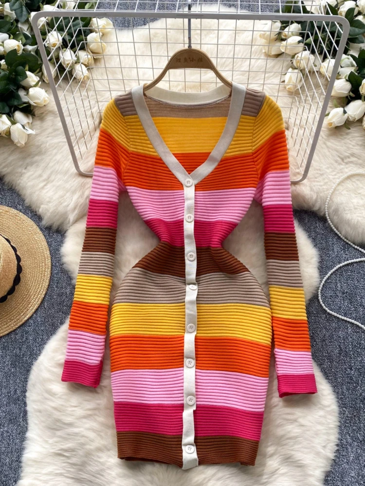 Foamlina 2024 Autumn Fashion Rainbow Striped Print Knitted Dress for Women Casual V Neck Long Sleeve Slim Fit Bodycon Mini Dress
Foamlina 2024 Autumn Fashion Rainbow Striped Print Knitted Dress for Women Casual V Neck Long Sleeve Slim Fit Bodycon Mini Dress