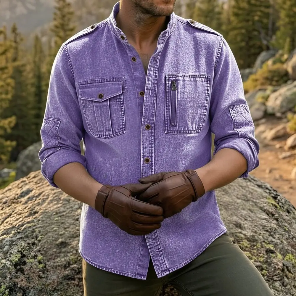 Men's Vintage Washed Shirt Stand Collar Long Sleeve Work Shirts with Zipper Chest Pocket Casual Hiking Daily Tops
Men's Vintage Washed Shirt Stand Collar Long Sleeve Work Shirts with Zipper Chest Pocket Casual Hiking Daily Tops