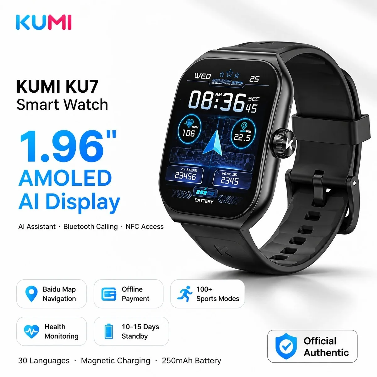 KUMI KU7 AI Smartwatch, 1.96'' AMOLED Curved Display Smart Watch with ChatGPT Voice Assistant, Heart Rate Blood Oxygen Blood Pre
KUMI KU7 AI Smartwatch, 1.96'' AMOLED Curved Display Smart Watch with ChatGPT Voice Assistant, Heart Rate Blood Oxygen Blood Pre