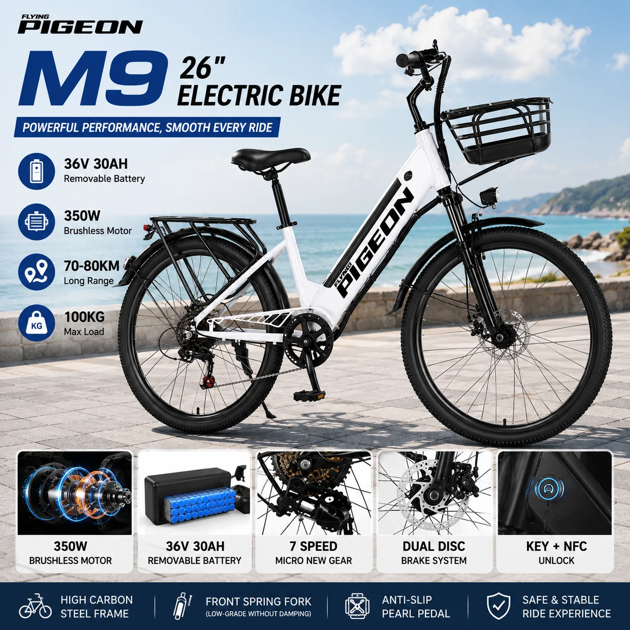 city E-Bike M9 Electric Bike 26 Inch 350W Motor 36V 30Ah Removable Battery 80KM Range 7 Speed Dual Disc Brake NFC Unlock
city E-Bike M9 Electric Bike 26 Inch 350W Motor 36V 30Ah Removable Battery 80KM Range 7 Speed Dual Disc Brake NFC Unlock