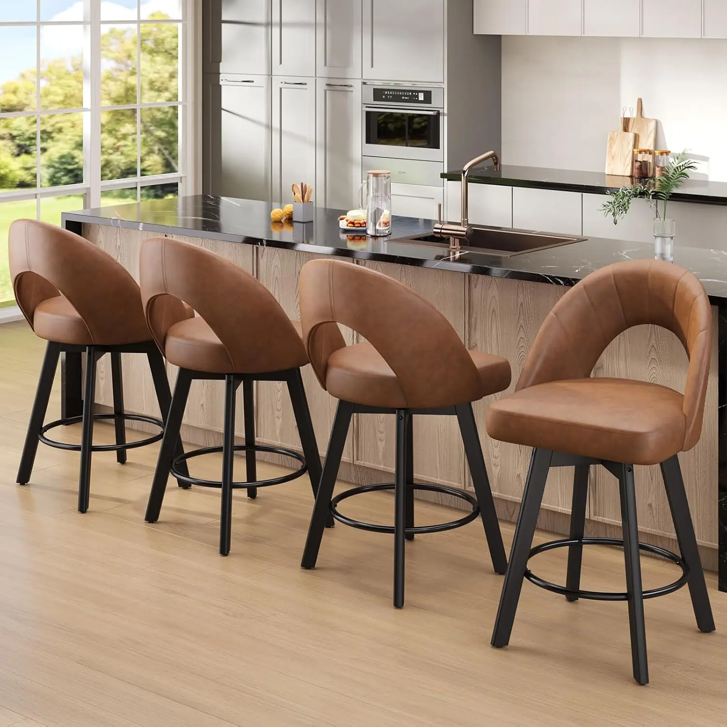 24" Counter Height Swivel Bar Stool Set Faux Leather Seat Curved Back Solid Wood Legs Light Tan, Customized
24" Counter Height Swivel Bar Stool Set Faux Leather Seat Curved Back Solid Wood Legs Light Tan, Customized