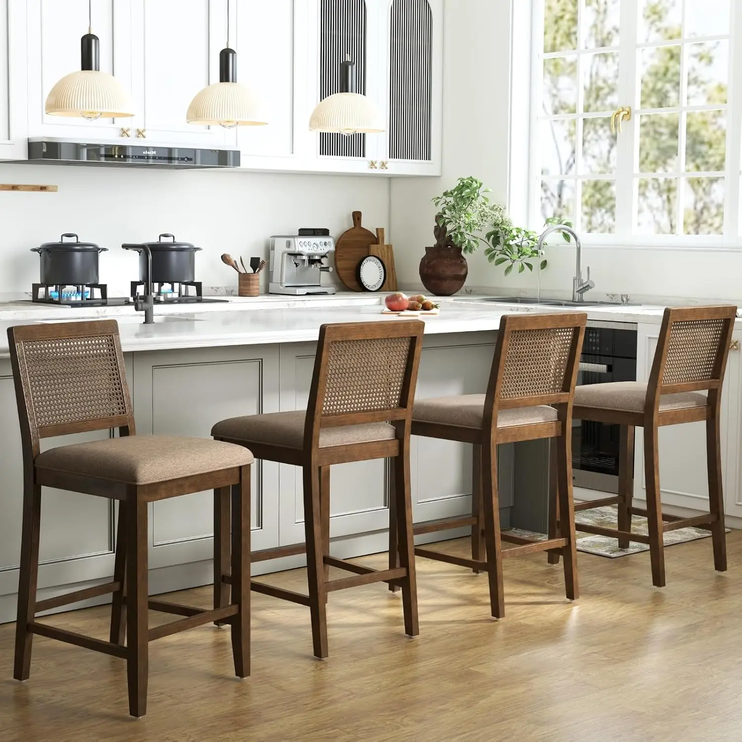 26in Rattan Bar Stools Set 4 Chenille Upholstered Cane Back Counter Height Wood Kitchen Island Walnut, Customized
26in Rattan Bar Stools Set 4 Chenille Upholstered Cane Back Counter Height Wood Kitchen Island Walnut, Customized