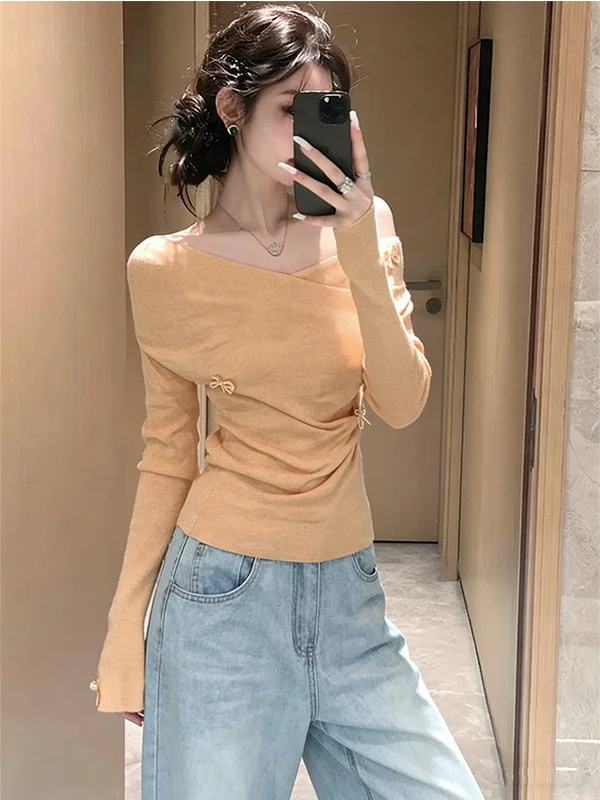 Warm Orange Top Women's Spring Commute Style Slant Shoulder Waist Cinched Casual French Style Long Sleeve Knitted Sweater
Warm Orange Top Women's Spring Commute Style Slant Shoulder Waist Cinched Casual French Style Long Sleeve Knitted Sweater