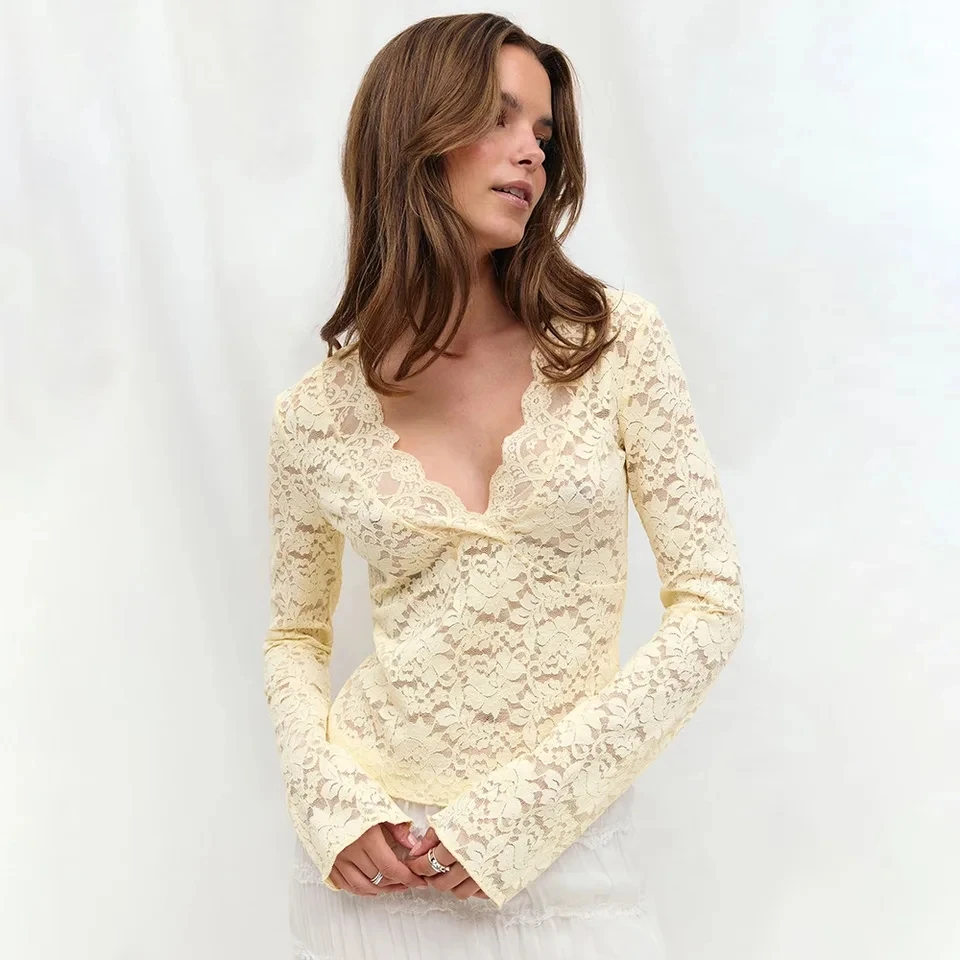 2026 Spring Summer New Lace V Neck Long Sleeve Shirt Women Slim Sexy Fashion Hollow Out Camisole Lace Top
2026 Spring Summer New Lace V Neck Long Sleeve Shirt Women Slim Sexy Fashion Hollow Out Camisole Lace Top