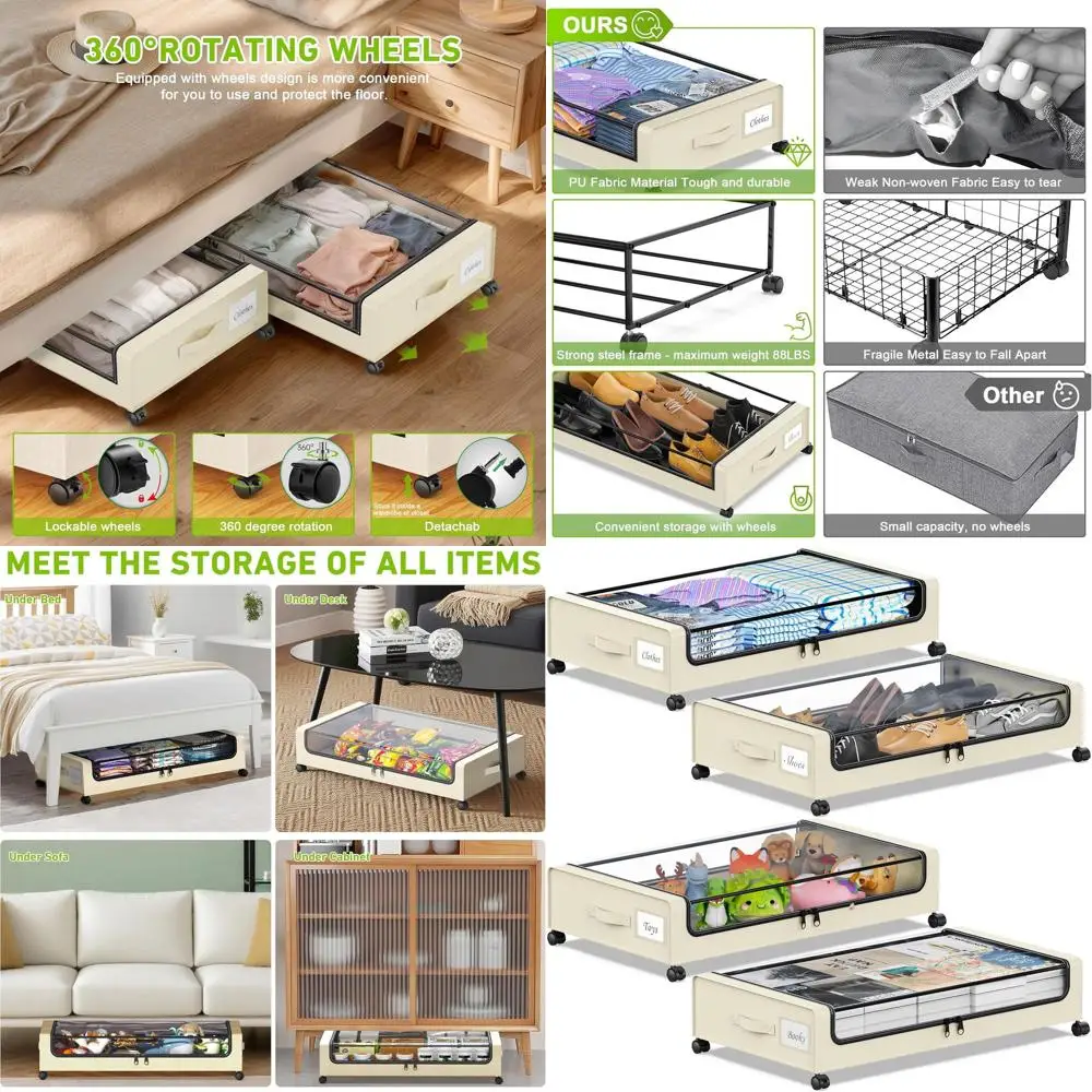 Rolling Underbed Storage Bins with Clear Lids - 60L Metal Containers for Clothes, Shoes, Toys, Books (4-Pack Beige)
Rolling Underbed Storage Bins with Clear Lids - 60L Metal Containers for Clothes, Shoes, Toys, Books (4-Pack Beige)
