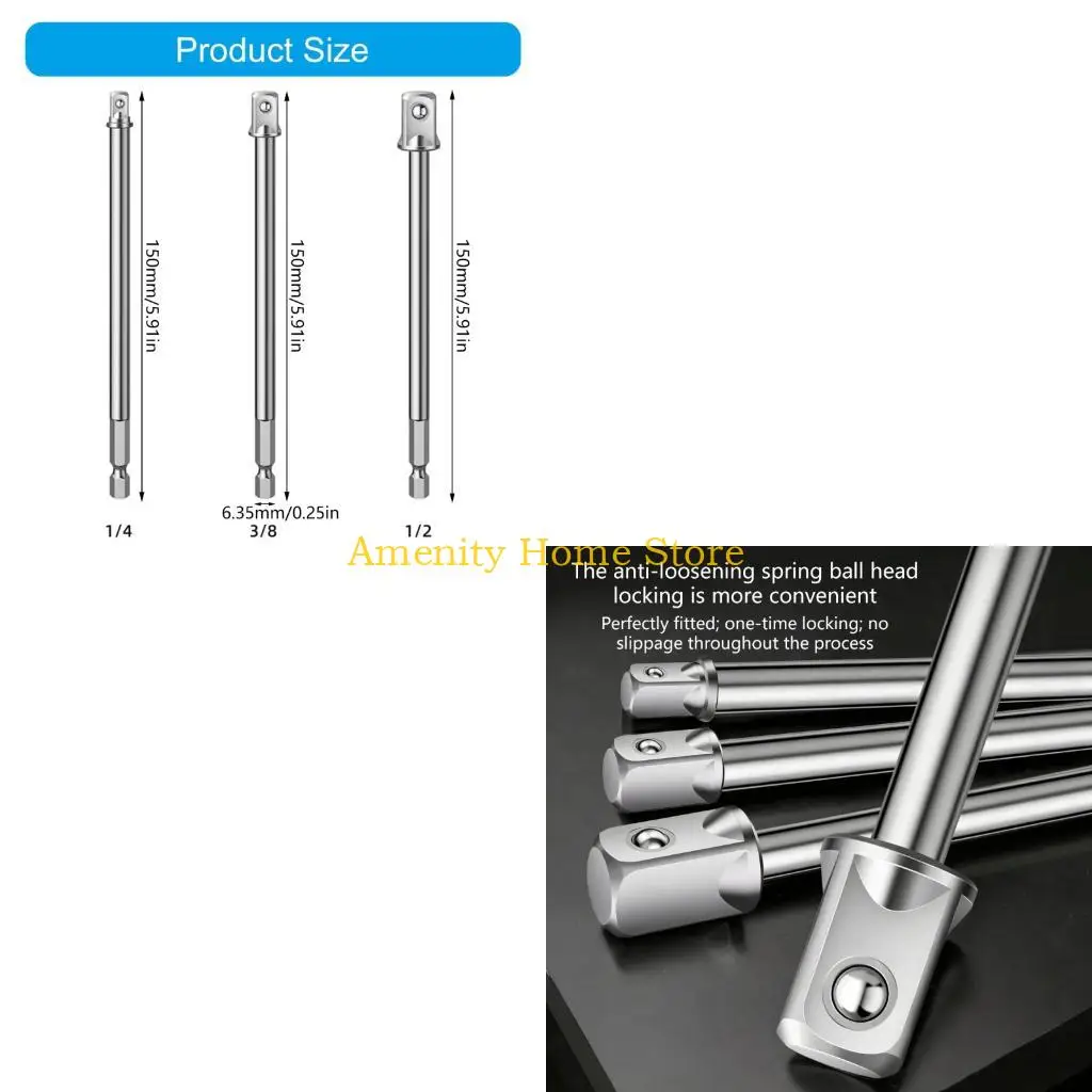 F26C Set Of 3 Universally 1/4in 3/8in 1/2 Square Socket Adapter Extension Bar 150mm Long For Electric Drill And Mechanics
F26C Set Of 3 Universally 1/4in 3/8in 1/2 Square Socket Adapter Extension Bar 150mm Long For Electric Drill And Mechanics