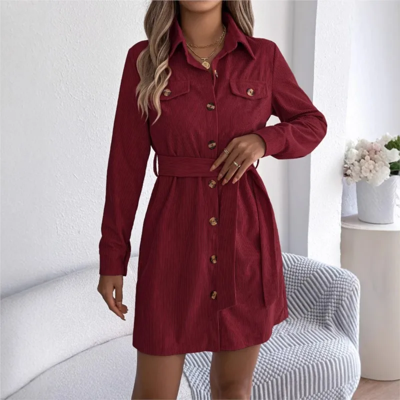 Solid Color Single Breasted Long Sleeved Lace Up Dress Autumn Winter Women's Clothing New Casual Corduroy Shirt Frock Ropa Mujer 
Solid Color Single Breasted Long Sleeved Lace Up Dress Autumn Winter Women's Clothing New Casual Corduroy Shirt Frock Ropa Mujer