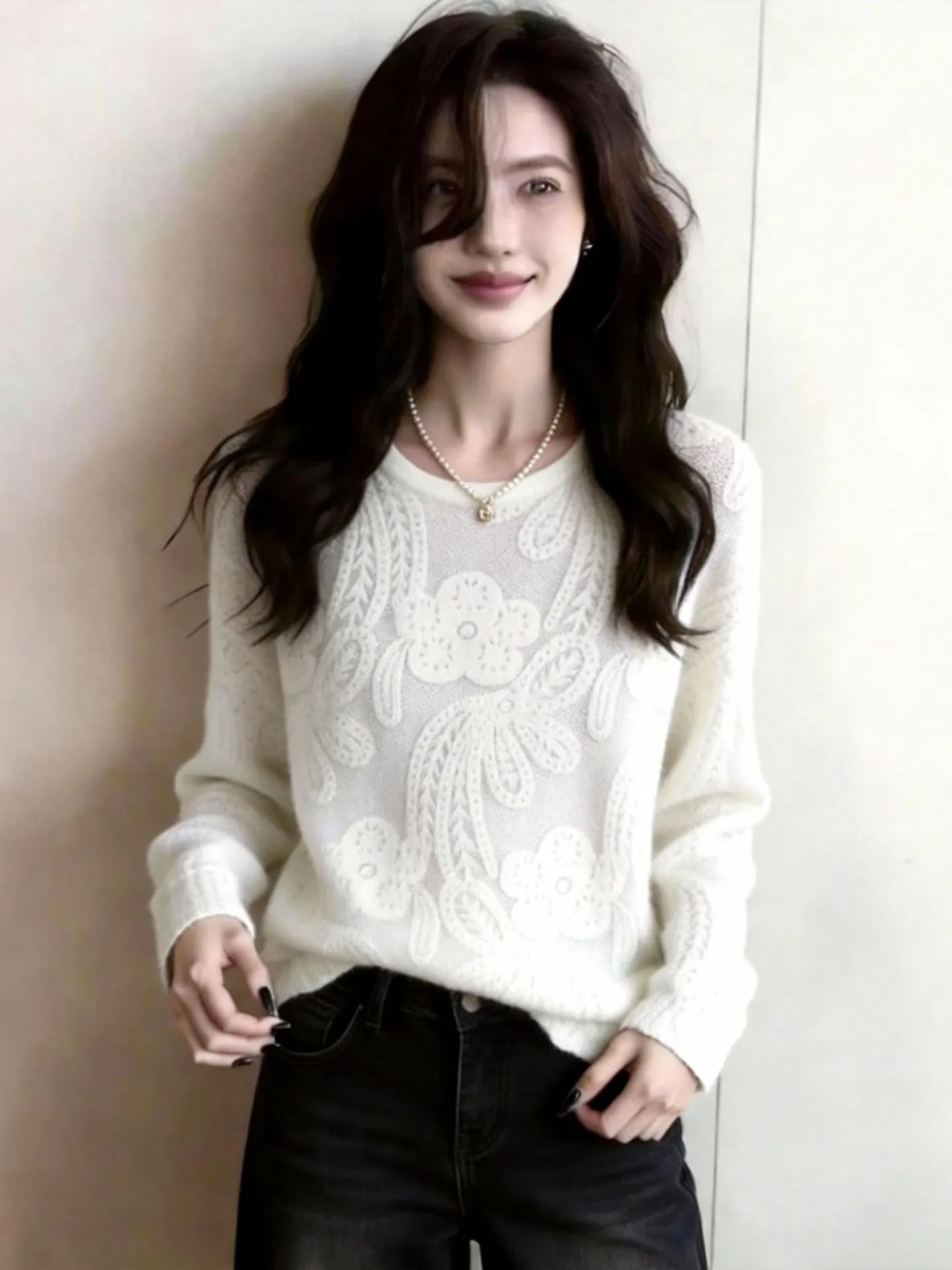 Ele White Lace Knitted Sweater Long Sve round Ne Commute Korean Sle Spring Faionable Woolen Women's Top
Ele White Lace Knitted Sweater Long Sve round Ne Commute Korean Sle Spring Faionable Woolen Women's Top