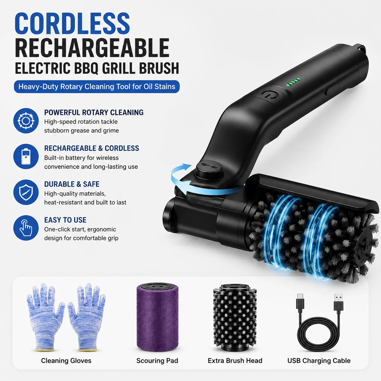 Cordless Rechargeable Electric BBQ Grill Brush Heavy Duty Outdoor Cleaning Tool Rotary Adjustable for Oil Stains
Cordless Rechargeable Electric BBQ Grill Brush Heavy Duty Outdoor Cleaning Tool Rotary Adjustable for Oil Stains