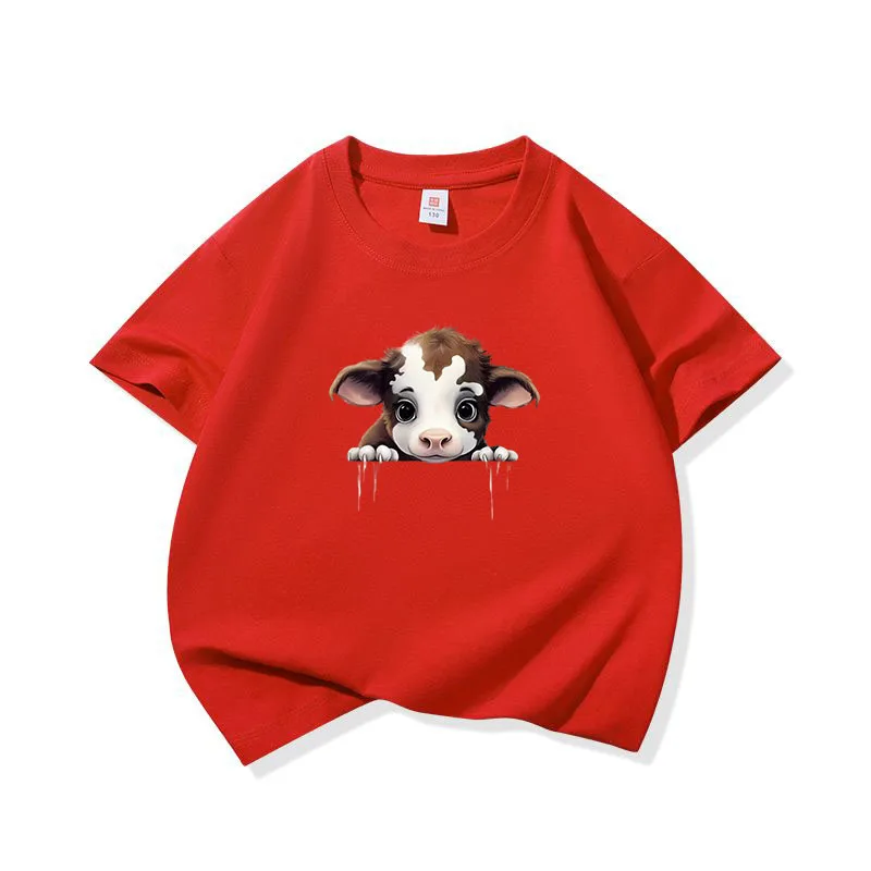 Kids Cotton T Shirt Light Brown Spotted Baby Cow Peeking Print Crew Neck Short Sleeve Tee Casual Boys Girls Summer Tops
Kids Cotton T Shirt Light Brown Spotted Baby Cow Peeking Print Crew Neck Short Sleeve Tee Casual Boys Girls Summer Tops