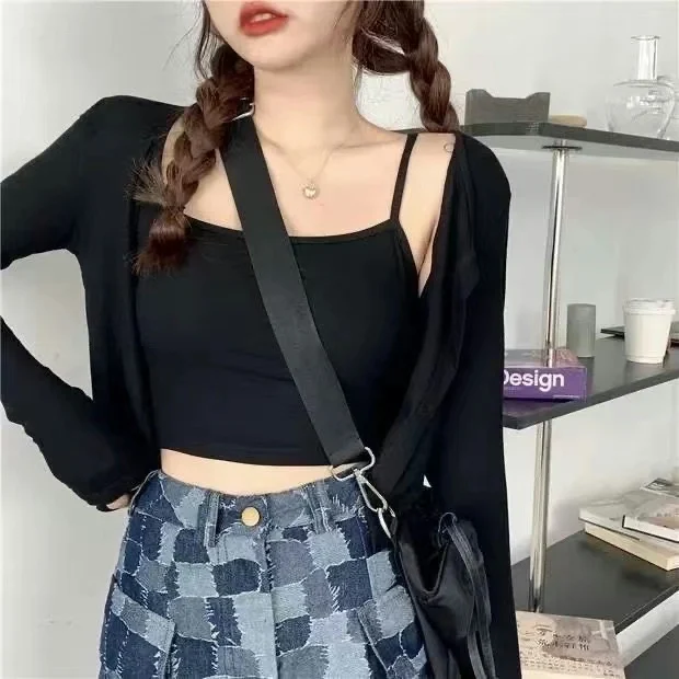 Summer Popular Women's Vest Top Set Black Sunscreen Outerwear Cardigan Street Style Hot Girl Two-Piece Set round Neck Long Sl...
Summer Popular Women's Vest Top Set Black Sunscreen Outerwear Cardigan Street Style Hot Girl Two-Piece Set round Neck Long Sl...